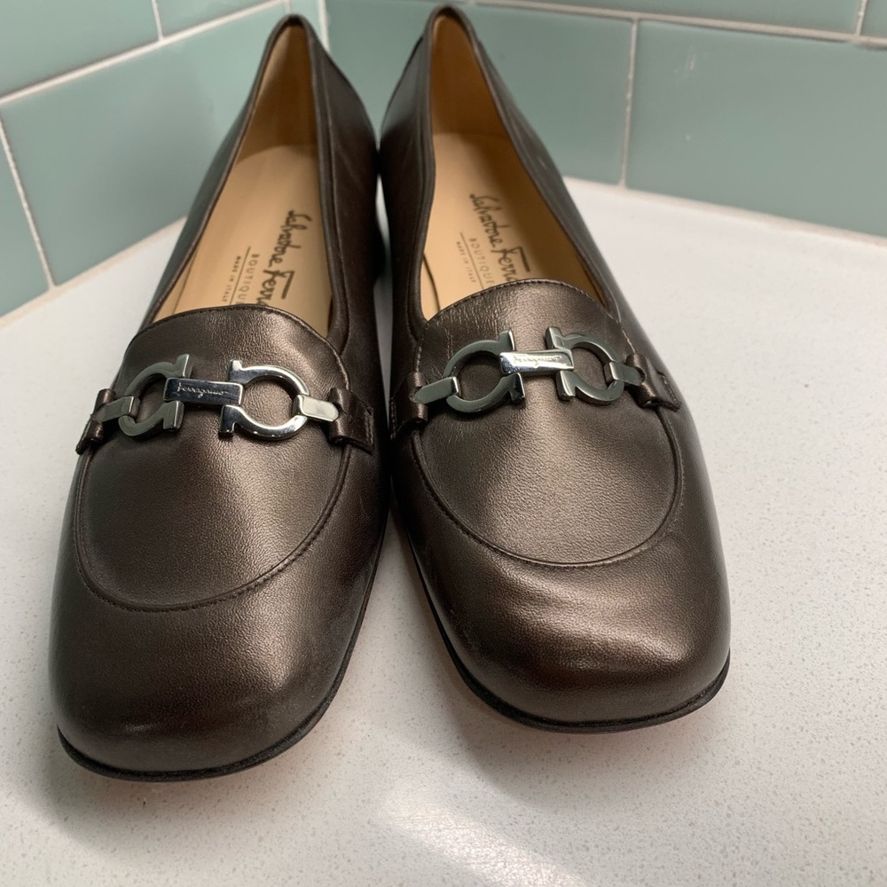 Salvatore Ferragamo Bronze Leather Flats with Chain Detail
